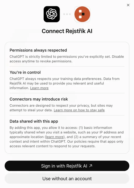 Dialog Connect Rejstřík AI s tlačítky Sign in with Rejstřík AI a Use without an account